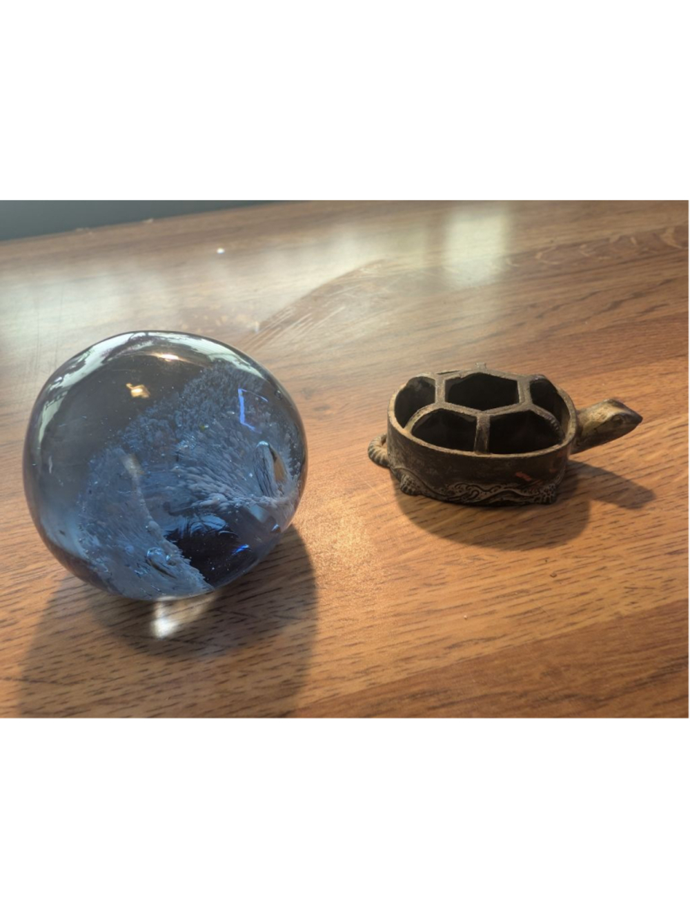 Blue & White Glass Paperweight and turtle Decor